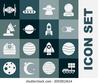 Set Mars rover, Planet, Comet falling down fast, UFO flying spaceship, Saturn, Satellite dish, Cosmic and Rocket icon. Vector