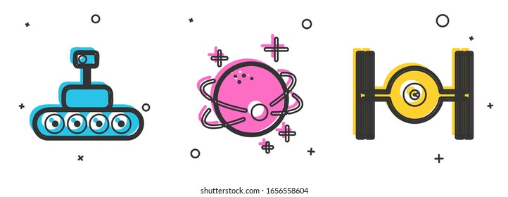 Coloque el cursor de Marte, el icono de barco Planeta y Cósmico. Vector