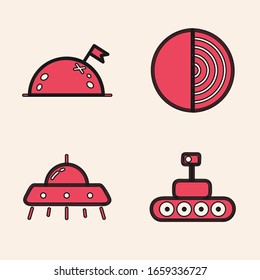 Set Mars rover, Planet with flag, Earth structure and UFO flying spaceship icon. Vector