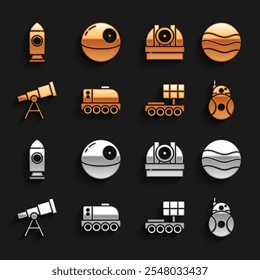 Set Mars rover, Planet, Robot, Telescope, Astronomical observatory, Rocket ship and Death star icon. Vector