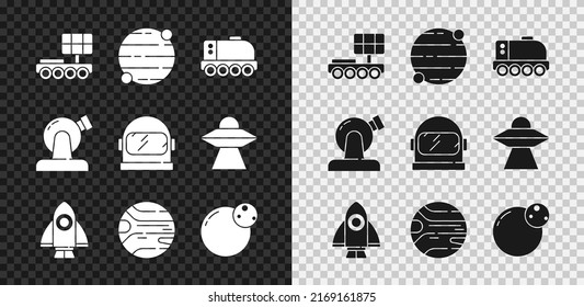 Set Mars rover, Planet, Rocket ship, Astronomical observatory and Astronaut helmet icon. Vector