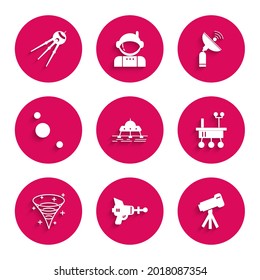 Set Mars rover, Ray gun, Telescope, Black hole, Solar system, Radar and Satellite icon. Vector