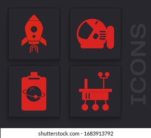 Set Mars rover, Rocket ship with fire, Astronaut helmet and Planet icon. Vector