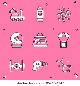 Set Mars Rover, Rocket Ship, Black Hole, Astronaut Helmet, Space Capsule, Box Flying Parachute, Cosmic And Ray Gun Icon. Vector