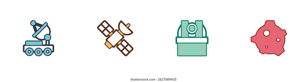 Set Mars rover, Satellite, Astronomical observatory and Asteroid icon. Vector