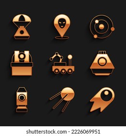 Set Mars rover, Satellite, Comet falling down fast, Space capsule, Rocket ship, Astronomical observatory, Solar system and icon. Vector
