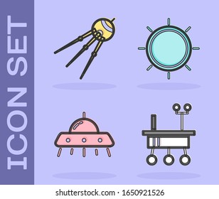 Set Mars rover, Satellite, UFO flying spaceship and Sun icon. Vector