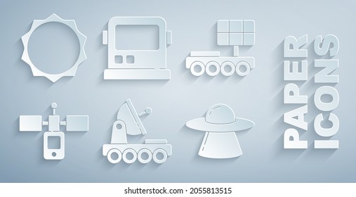 Set Mars rover, Satellite, UFO flying spaceship, Astronaut helmet and Sun icon. Vector