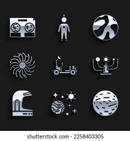 Set Mars rover, Space and planet, Planet Venus, Solar system, Astronaut helmet, Black hole,  and Celestial map of the night sky icon. Vector