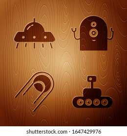 Set Mars rover, UFO flying spaceship, Satellite and Alien on wooden background. Vector