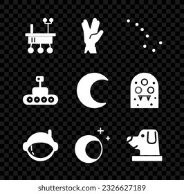 Ponga el resplandor de Marte, el saludo vulcano, la constelación del Oso Grande, el casco astronauta, la luna y las estrellas, el perro en el astronauta y el icono. Vector