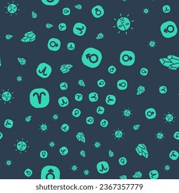 Set Mars, Sun, Aries zodiac and Magic stone on seamless pattern. Vector