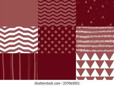 Conjunto de patrones sin fisuras de color marsala. Fondos geométricos vectoriales.