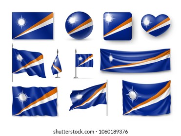 Set Marshall Islands realistic flags, banners, banners, symbols, icon. Vector illustration of collection of national symbols on various objects and state signs