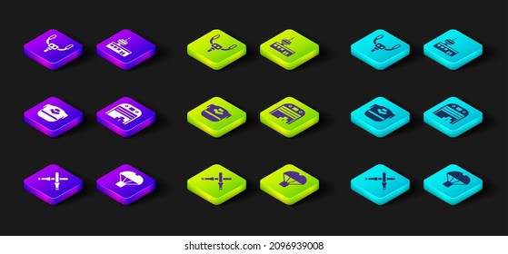 Set Marshalling wands, Box flying on parachute, Pilot hat, Aircraft hangar, Airport control tower and steering helm icon. Vector