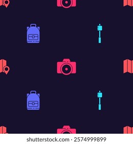 Set Marshmallow on stick, Hiking backpack, Photo camera and Location of the forest map on seamless pattern. Vector
