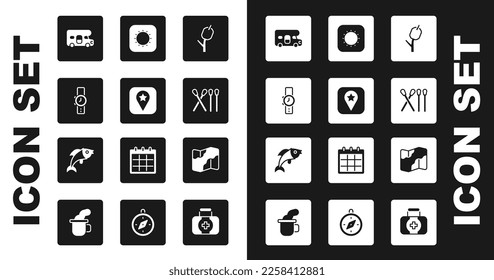 Set Marshmallow on stick, Location for camping, Wrist watch, RV motorhome vehicle, Match, Sun, Camping and hiking map and Fish icon. Vector