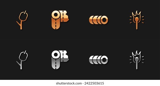 Set Marshmallow on stick, Paper towel roll, Blanket and Torch flame icon. Vector