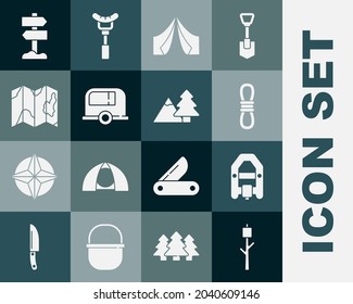 Set Marshmallow on stick, Rafting boat, Climber rope, Tourist tent, Rv Camping trailer, Location of the forest map, Road traffic signpost and Mountains with tree icon. Vector
