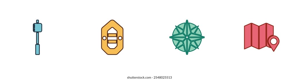 Set Marshmallow on stick, Rafting boat, Wind rose and Location of the forest map icon. Vector