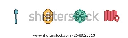 Set Marshmallow on stick, Rafting boat, Wind rose and Location of the forest map icon. Vector
