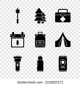 Set Marshmallow on stick, Tree, First aid kit, Flashlight, Canteen water bottle, City map navigation, Calendar with tree and Hiking backpack icon. Vector