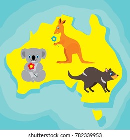 Set of marsupial animals of Australia on map. Vector image of Koala bear, kangaroo, Tasmanian devil in kids cartoon style.