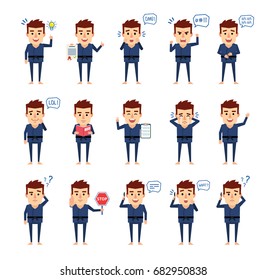 Set of martial art expert characters in blue kimono showing various actions, emotions. Funny sportsman reading book, laughing, talking on phone and showing other actions. Simple vector illustration