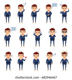 Set of martial art master characters in blue kimono showing various emotions. Funny sportsman laughing, crying, surprised, angry and showing other emotions. Simple vector illustration