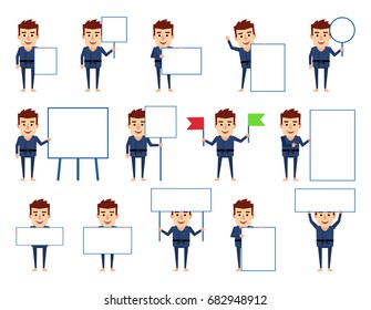 Set of martial art master characters posing with various blank signboards. Funny sportsman holding banner, paper, placard, pointing to whiteboard. Simple vector illustration