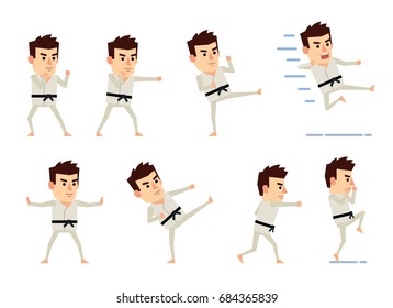 Set of martial art master characters in white kimono showing various combat actions. Sportsman hitting, kicking, jumping and showing other actions. Simple vector illustration