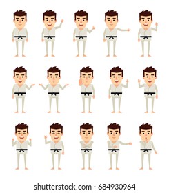 Set of martial art master characters in white kimono showing various hand gestures. Funny sportsman pointing, greeting, showing victory hand and other gestures. Simple vector illustration