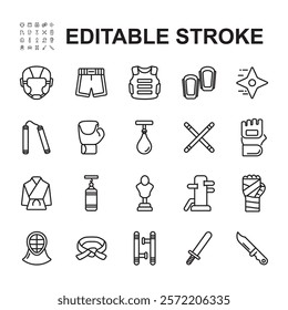 set of martial arts icons. Thin line vector. Contains icons of various martial arts training tools.