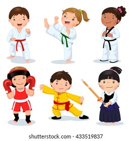 Set of martial arts kids. Children fighting, judo, taekwondo, karate, kung fu, boxing, kendo