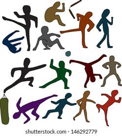 Set of martial arts people and objects over white background