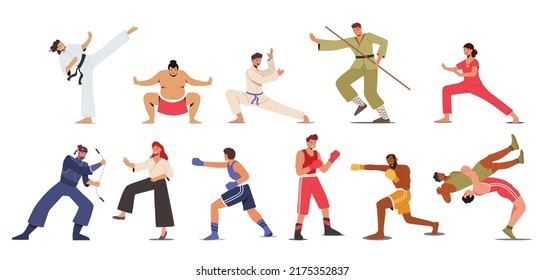 Set Martial Arts, Sport Competition, Male and Female Characters in Uniform Presenting Different Fighting. Karate, Sumo, Bojutsu, Boxing or Wrestling Combat. Cartoon People Vector Illustration