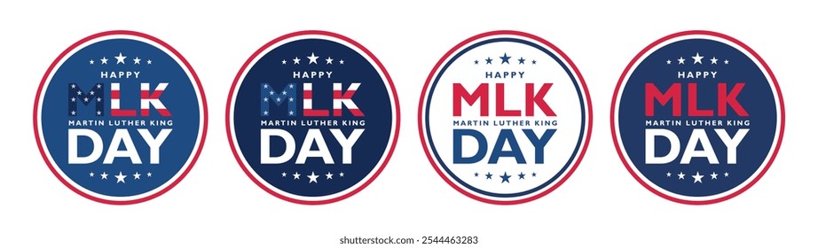 Set of Martin luther king jr. day text in round frame. MLK round label, sticker, emblem, design element of memorial day.