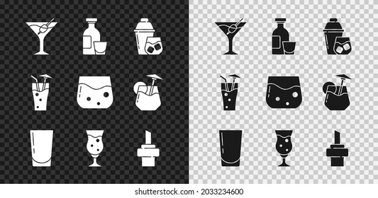 Set Martini glass, Alcohol drink Rum, Cocktail shaker, Glass with water, of beer, Wooden cork for wine,  and whiskey icon. Vector