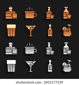 Set Martini glass, Alcohol drink Rum, Cocktail, Champagne bottle, Glass with water, Whiskey and,  and Coffee cup icon. Vector