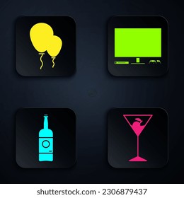 Set Martini glass , Balloons with ribbon , Beer bottle  and Video game console . Black square button. Vector