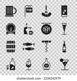 Set Martini glass, Beer bottle, Glass of champagne, Pickled cucumber on fork, tap with, Wooden barrel rack, beer mug and Street signboard Bar icon. Vector