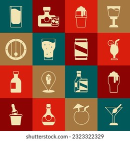 Set Martini glass, Glass of beer, Cocktail, Wooden barrel, Shot and Beer can icon. Vector