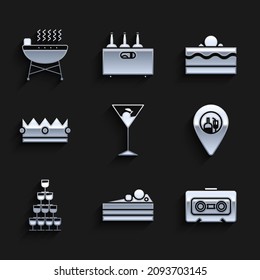 Set Martini glass, Cake, Retro audio cassette tape, Alcohol or beer bar location, Wine glasses stacked pyramid tower, Crown,  and Barbecue grill icon. Vector