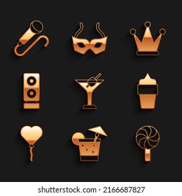 Set Martini glass, Cocktail, Lollipop, Ice cream waffle cone, Balloons form of heart, Stereo speaker, Crown and Microphone icon. Vector