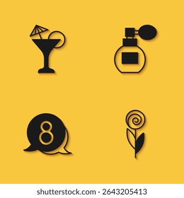 Set Martini glass, Flower, 8 March speech bubble and Perfume icon with long shadow. Vector