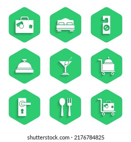 Set Martini glass, Fork and spoon, Suitcase, Covered with tray, Door handle, Hotel service bell, Please do not disturb and  icon. Vector