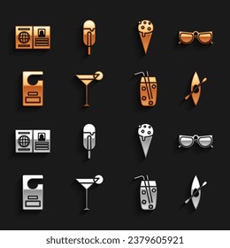 Set Martini glass, Glasses, Kayak or canoe and paddle, Cocktail alcohol drink, Please do not disturb, Ice cream waffle cone, Passport and  icon. Vector