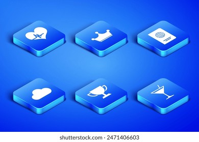 Set Martini glass, Heart rate, Trophy cup, Cloud, Crown and Passport icon. Vector