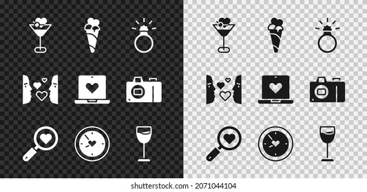 Set Martini glass, Ice cream waffle cone, Diamond engagement ring, Search heart and love, Clock with, Wine, Love at first sight and Dating app online icon. Vector