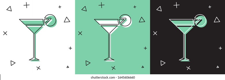 Set Martini glass icon isolated on white and green, black background. Cocktail icon. Wine glass icon.  Vector Illustration